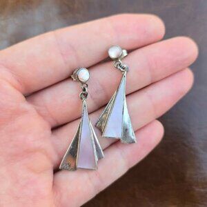 Vtg Pink Mother of Pearl Triangular Geometric Sterling Silver Earrings Mexico